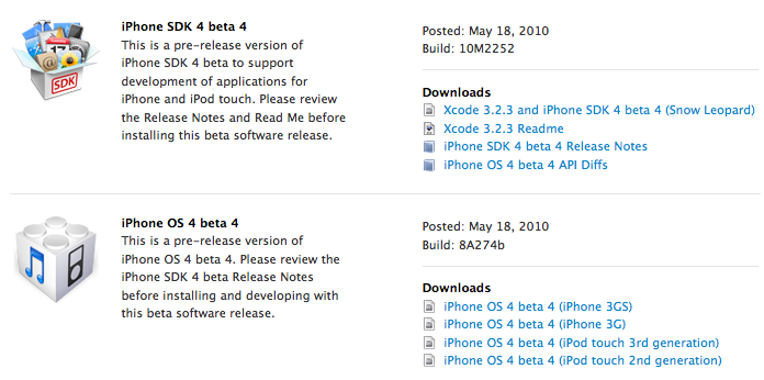 Apple iPhone OS 4.0 beta 4